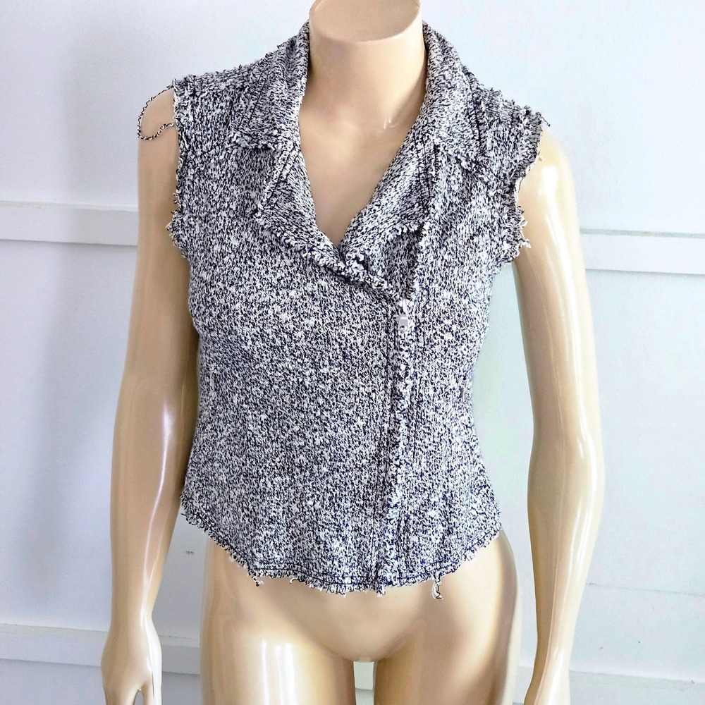 Rebecca Taylor Navy Tweed Knit Sleeveless Collared Top Frayed Hem 315517V658